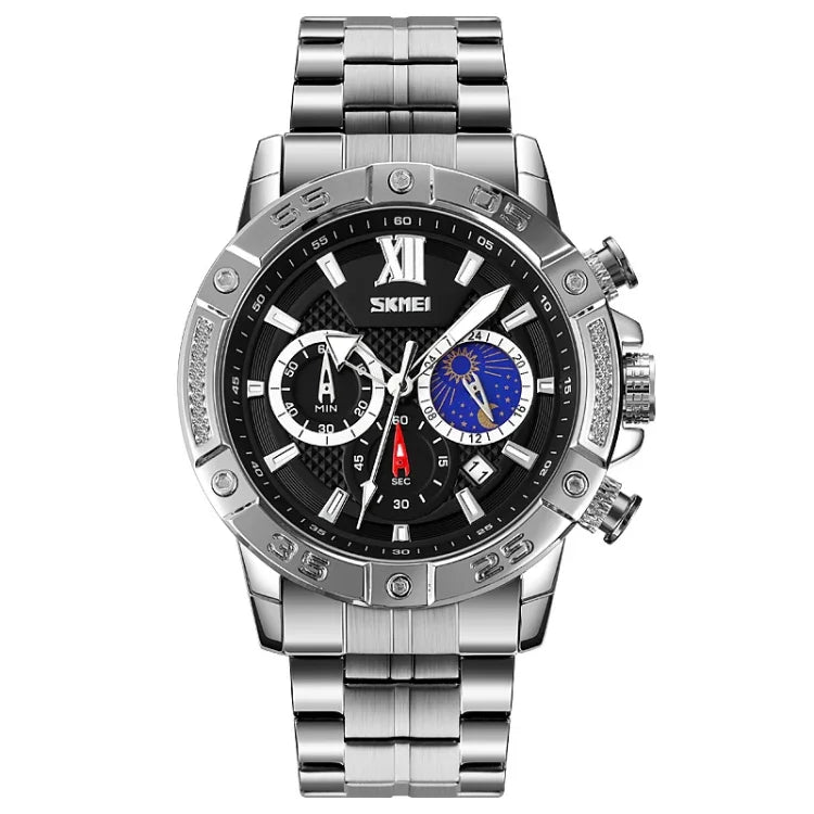 SKMEI 9235 Herrenuhr mit Mondphase, Stoppuhr, Edelstahlarmband, Quarzuhr