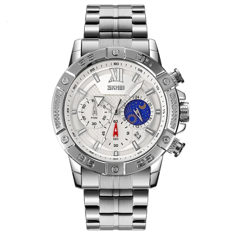 SKMEI 9235 Herrenuhr mit Mondphase, Stoppuhr, Edelstahlarmband, Quarzuhr