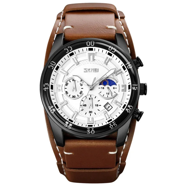 SKMEI 9249 Herren Mondphasen Kalender Stoppuhr Lederarmband Quarzuhr