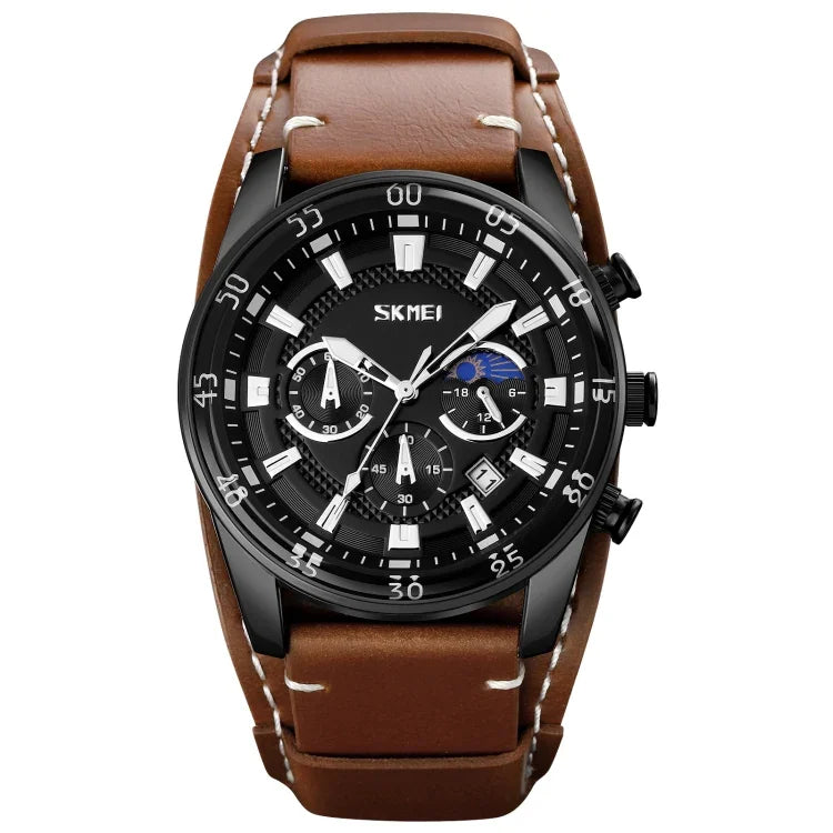 SKMEI 9249 Herren Mondphasen Kalender Stoppuhr Lederarmband Quarzuhr