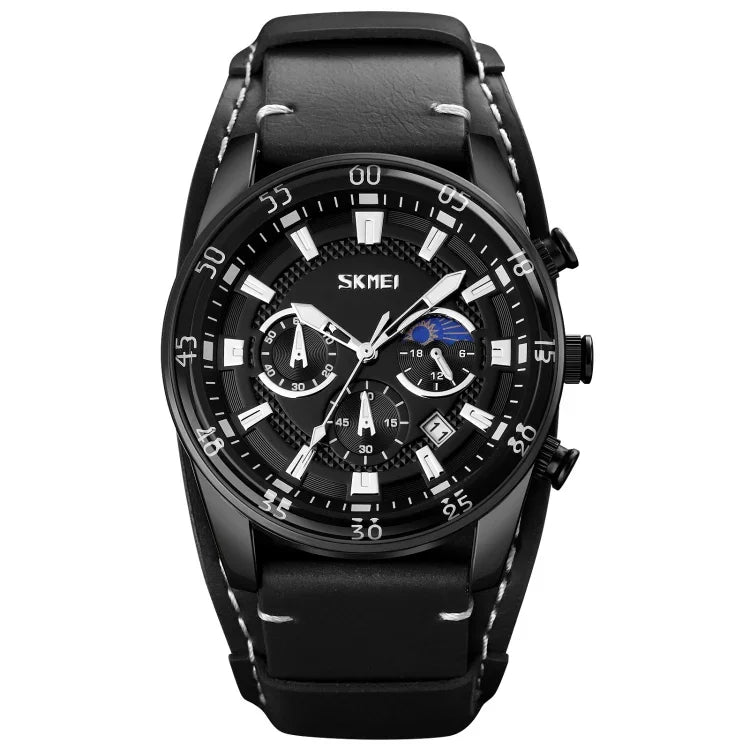 SKMEI 9249 Herren Mondphasen Kalender Stoppuhr Lederarmband Quarzuhr