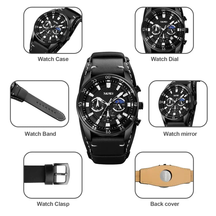 SKMEI 9249 Herren Mondphasen Kalender Stoppuhr Lederarmband Quarzuhr