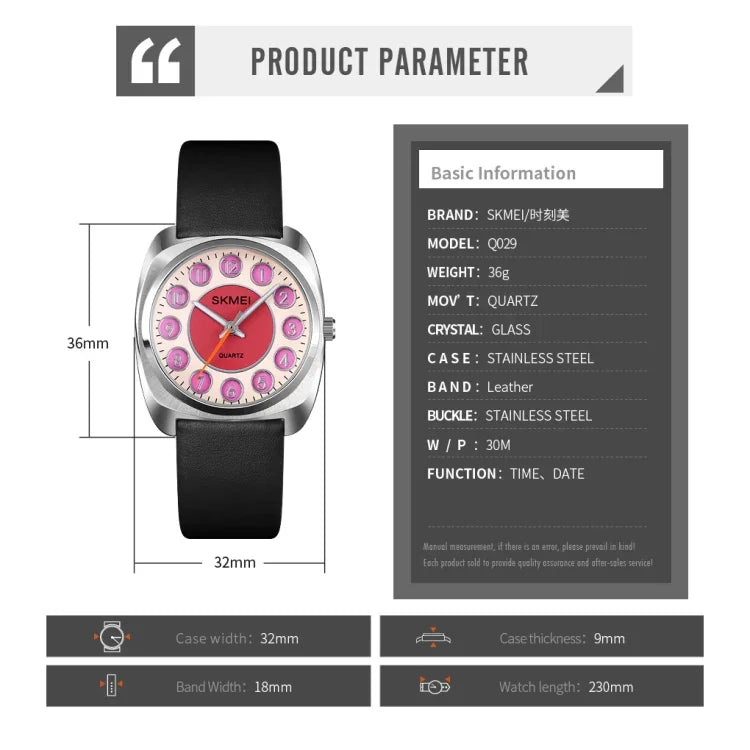 SKMEI Q029 Damen Quarzuhr mit Telefonnummern-Zifferblatt und Lederarmband