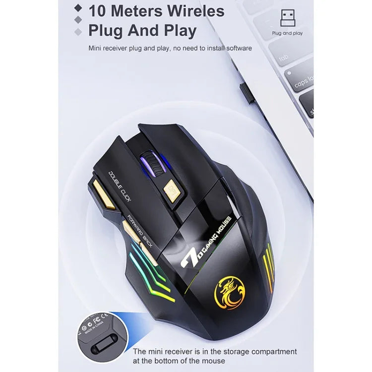 iMICE GW-X7 kabellose Gaming-Maus mit 7 Tasten, leisem Klick, wiederaufladbar und farbiger RGB-Beleuchtung, GW-X7 2.4G