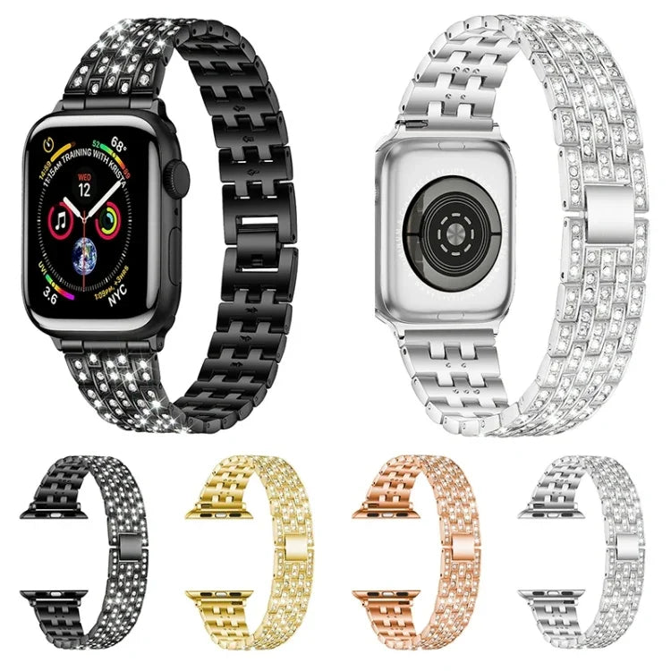 Ersatzarmband aus Edelstahl mit fünf Diamantperlen für Apple Watch Series 7 (41 mm), 6, SE, 5, 4 (40 mm), 3, 2, 1 (38 mm) und 7 (45 mm), 6, SE, 5, 4 (44 mm) sowie 3, 2, 1 (42 mm).