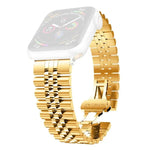 Women stainless steel replacement watchband for Apple Watch, fashionable gold band compatible with various Apple Watch models.
