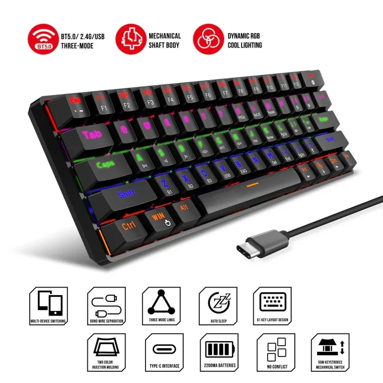 HXSJ L800 61 Tasten Bluetooth 5.0 / 2.4G Kabellos / Typ-C Kabelgebunden Drei Modi Mechanische Tastatur mit blauem Schalter