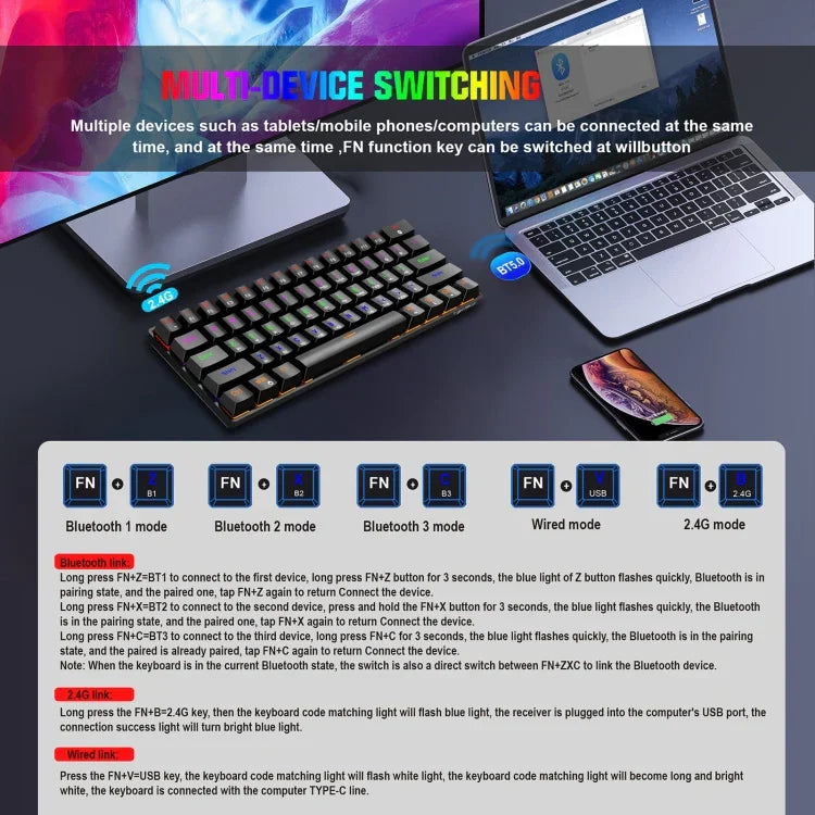 HXSJ L800 61 Tasten Bluetooth 5.0 / 2.4G Kabellos / Typ-C Kabelgebunden Drei Modi Mechanische Tastatur mit blauem Schalter