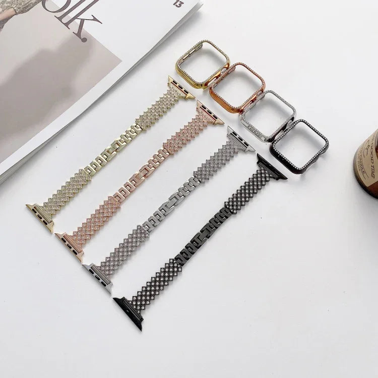 Rhombus Volldiamant-Metallarmband + Hülle für Apple Watch Series 6 / 5 / 4 / Watch SE 40 mm, Apple Watch Series 6 / 5 / 4 / Watch SE 44 mm, 3 &amp; 2 &amp; 1 42 mm, 3 &amp; 2 &amp; 1 38 mm