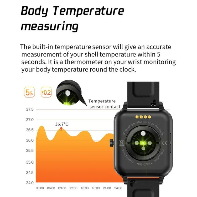 MX7 Smartwatch mit 1,69 Zoll IPS-Touchscreen, IP68 wasserdicht, unterstützt Schlafüberwachung, Herzfrequenzmessung, Bluetooth-Anrufe und Körpertemperaturmessung