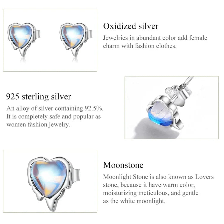Herzförmige Mondstein-Ohrringe für Damen aus 925er Sterlingsilber, herzförmiger Mondstein