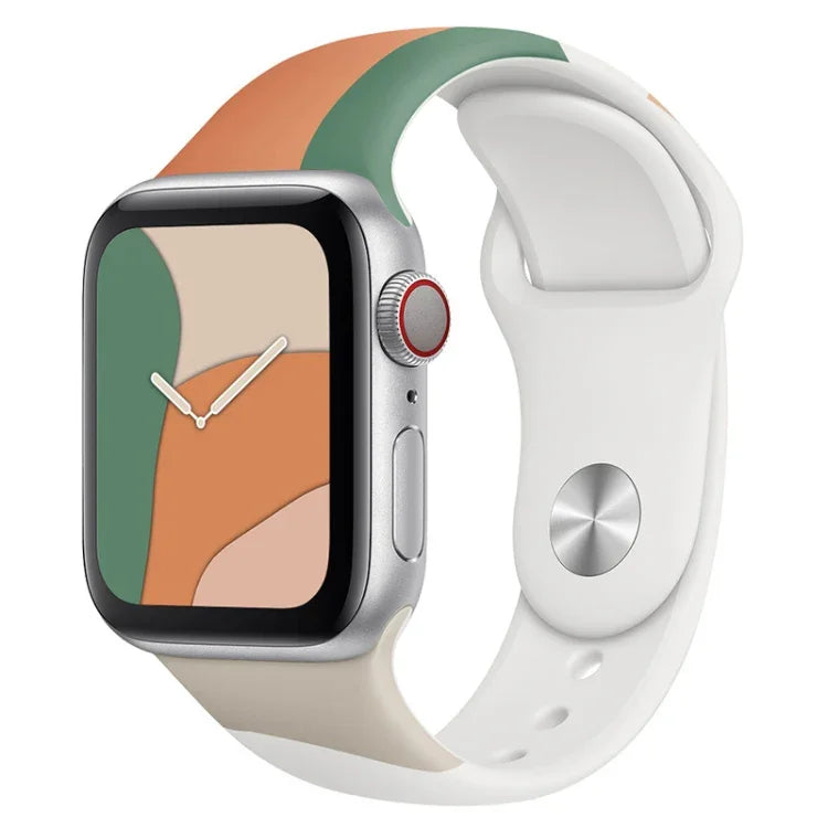 Morandi Series Silikon-Ersatzarmband in Kontrastfarbe für Apple Watch Series 7 (41 mm), 6, SE, 5, 4 (40 mm), 3, 2, 1 (38 mm) und 7 (45 mm), 6, SE, 5, 4 (44 mm) sowie 3, 2, 1 (42 mm).