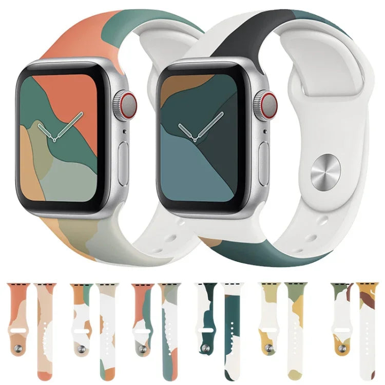 Morandi Series Silikon-Ersatzarmband in Kontrastfarbe für Apple Watch Series 7 (41 mm), 6, SE, 5, 4 (40 mm), 3, 2, 1 (38 mm) und 7 (45 mm), 6, SE, 5, 4 (44 mm) sowie 3, 2, 1 (42 mm).