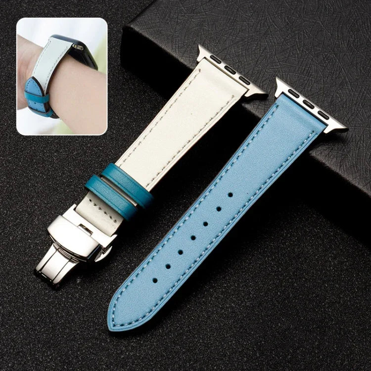 Schmetterlingsverschluss Business-Oberleder-Uhrenarmband aus Rindsleder, für Apple Watch Series 8&7 41mm / SE 2&6&SE&5&4 40mm / 3&2&1 38mm, für Apple Watch Series 6&SE&5&4 44mm / 3&2&1 42mm, für Apple Watch Series 6&SE& 5&4 40mm / 3 & 2 & 1 38mm
