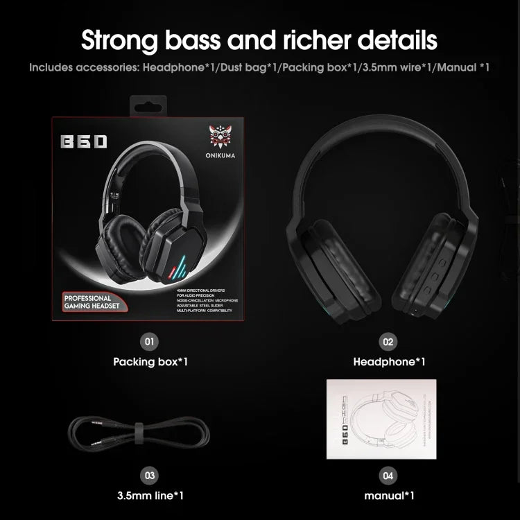 ONIKUMA B60 Bluetooth 5.0 Verstellbares kabelloses Gaming-Bluetooth-Headset mit starkem Bass und Mikrofon
