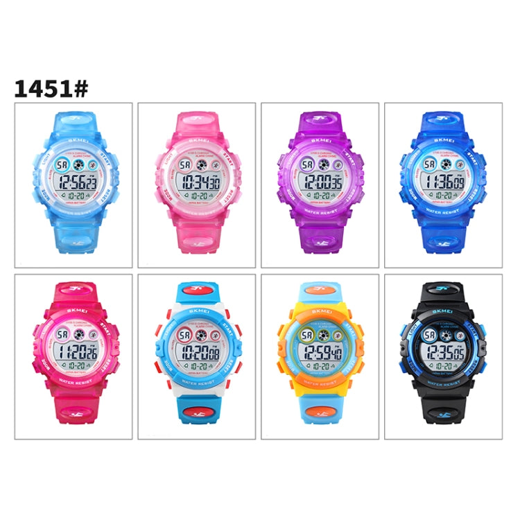 SKMEI 1451 LED Digital Stoppuhr Chronograph Leuchtend Kinder Sport Elektronische Uhr, 1451(Transparent Pink Blau), 1451(Transparent Lila), 1451(Transparent Himmelblau), 1451(Transparent Rosenrot), 1451(Weißes Gehäuse Blaues Zifferblatt)