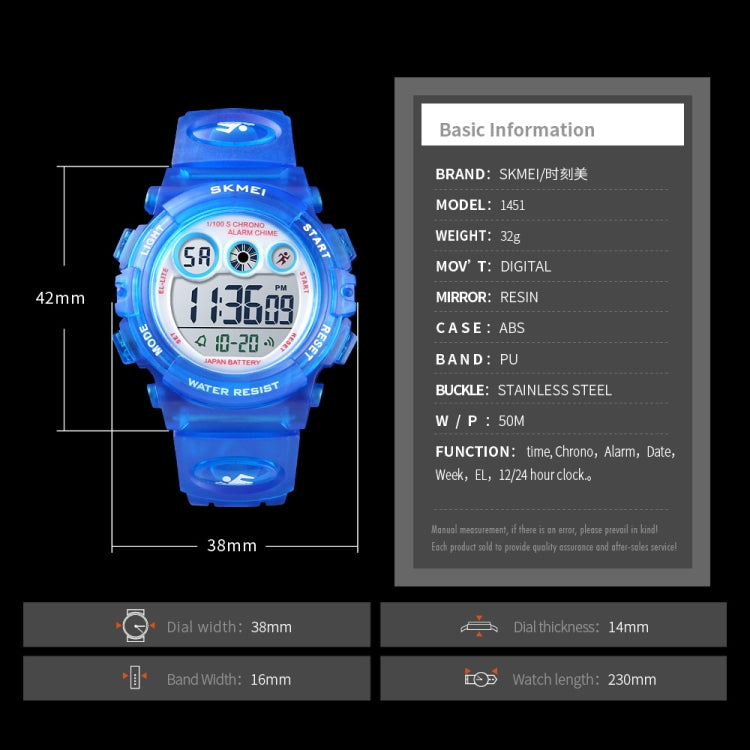 SKMEI 1451 LED Digital Stoppuhr Chronograph Leuchtend Kinder Sport Elektronische Uhr, 1451(Transparent Pink Blau), 1451(Transparent Lila), 1451(Transparent Himmelblau), 1451(Transparent Rosenrot), 1451(Weißes Gehäuse Blaues Zifferblatt)