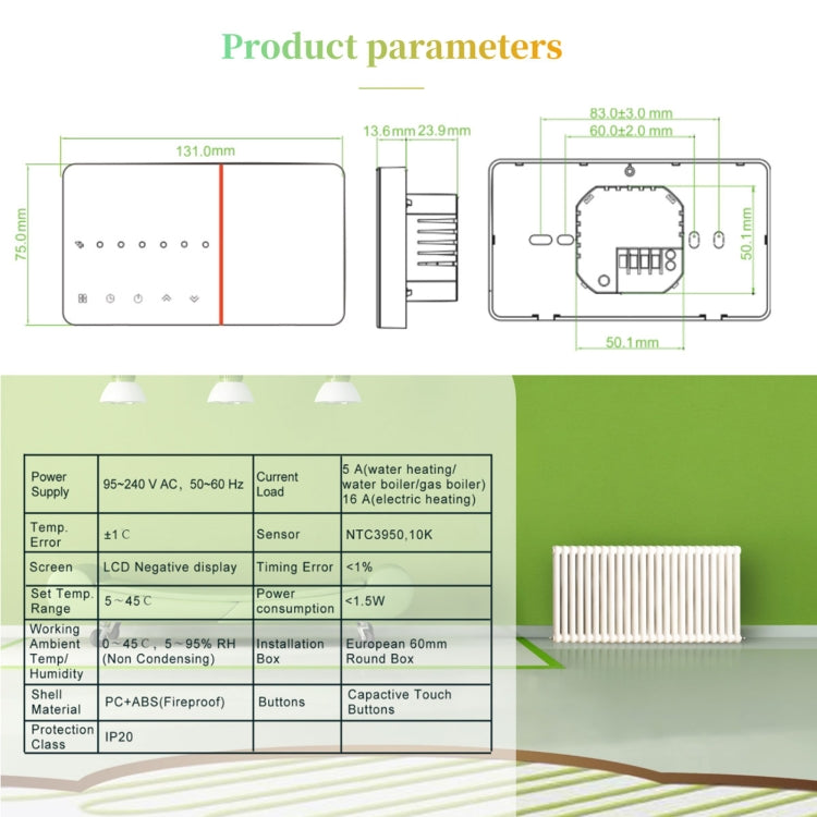 BHT-005-GC 220V AC 3A Smart Home Heizungs-Thermostat für EU Box, Steuerung der Kesselheizung nur mit internem Sensor, BHT-005-GC