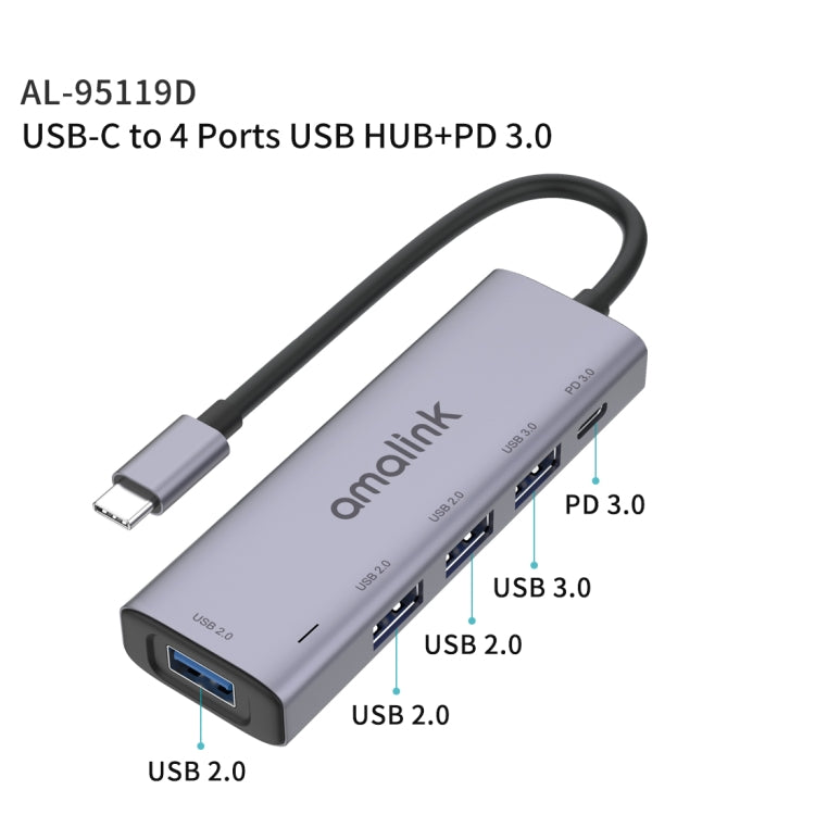 amalink 95119D Typ-C / USB-C zu 4 Ports USB + PD 3.0 Multifunktions-HUB Dockingstation, 95119D