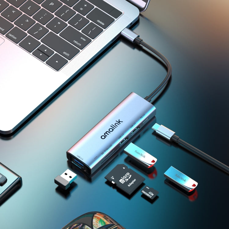 amalink 95120D Typ-C / USB-C zu SD/TF + 3 Ports USB + PD 3.0 Multifunktions-HUB Dockingstation, 95120D