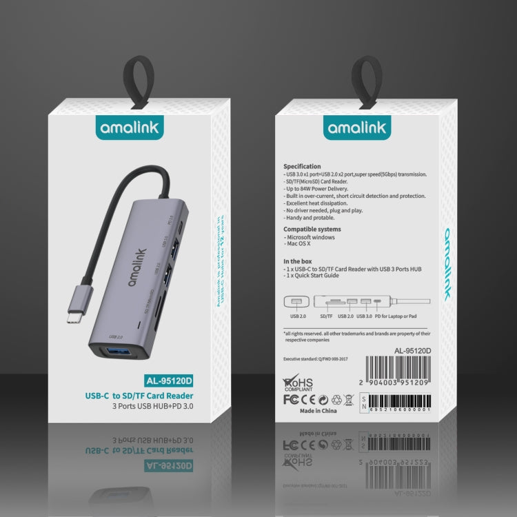 amalink 95120D Typ-C / USB-C zu SD/TF + 3 Ports USB + PD 3.0 Multifunktions-HUB Dockingstation, 95120D