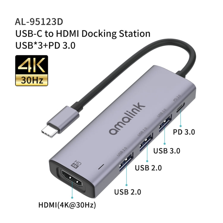 amalink 95123D Typ-C / USB-C zu HDMI + 3 Ports USB + PD 3.0 Multifunktions-HUB, 95123D