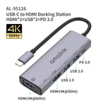 amalink 95126 Typ-C / USB-C zu Dual HDMI + 2 Ports USB + PD 3.0 Multifunktions-HUB, 95126
