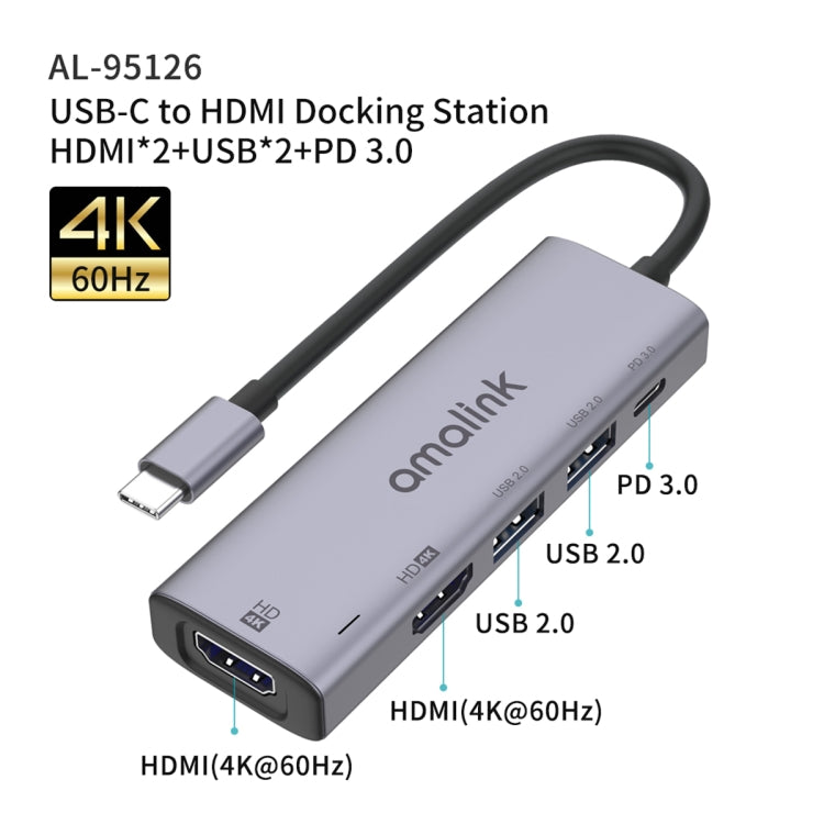 amalink 95126 Typ-C / USB-C zu Dual HDMI + 2 Ports USB + PD 3.0 Multifunktions-HUB, 95126