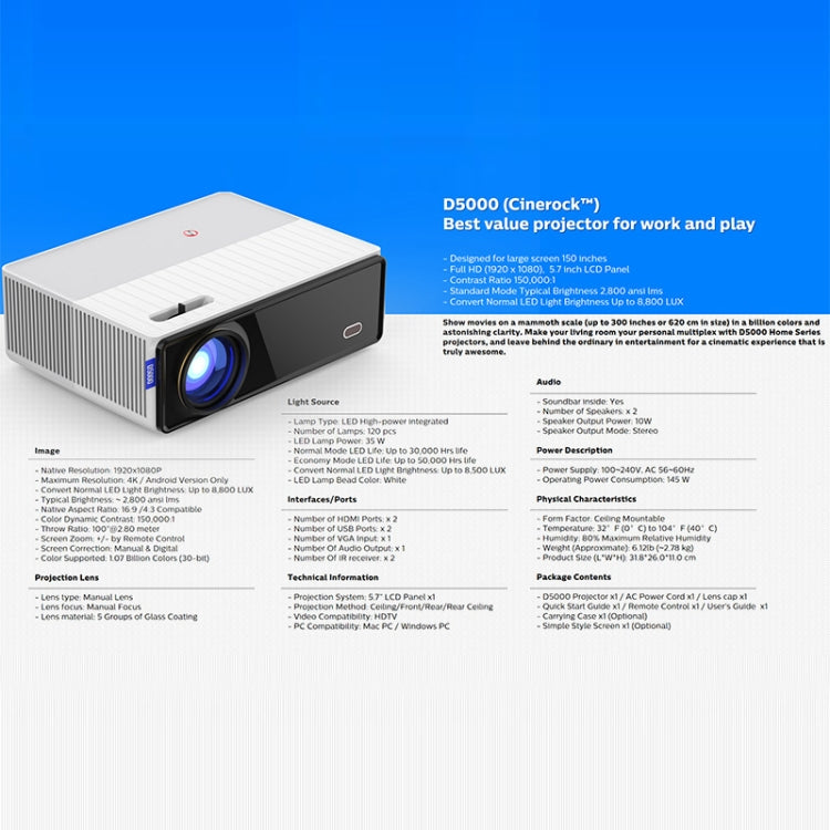 D5000 1920x1080P 420ANSI 6000 Lumen LCD + LED HD Digitalprojektor, Basisversion, Bildschirmspiegelung, Android 9.0