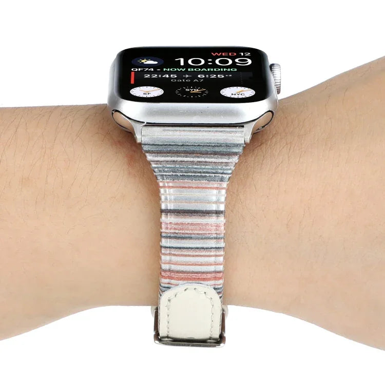 Genuine leather Apple Watch band with stitching stripes design on a wrist, compatible with Apple Watch Series 5.