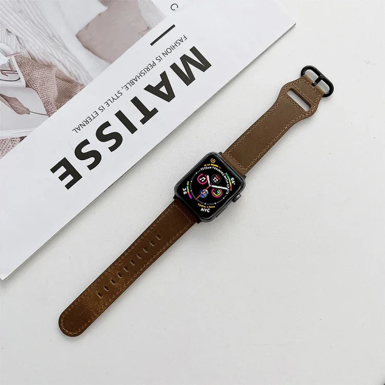Ovales Lederarmband mit Dornschließe für Apple Watch Series 7 (41 mm), 6, SE, 5 und 4 (40 mm), 3, 2 und 1 (38 mm) und 7 (45 mm), 6, SE, 5 und 4 (44 mm) sowie 3, 2 und 1 (42 mm).