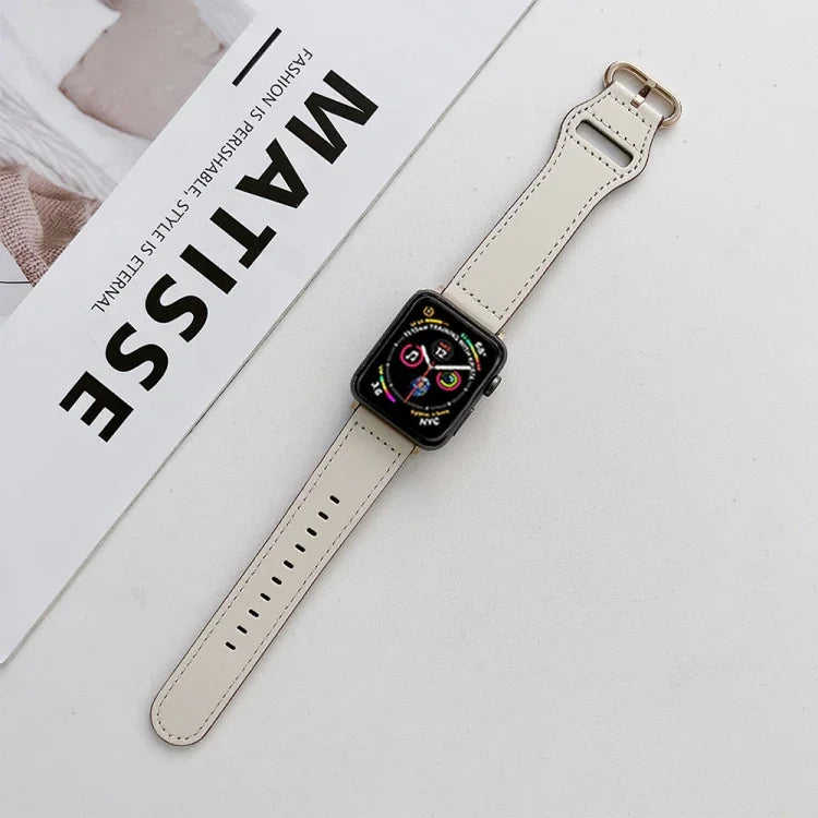 Oval Buckle Genuine Leather Strap For Apple Watch Series, 7 41mm / 6&SE&5&4 40mm / 3&2&1 38mm, 7 45mm / 6&SE&5&4 44mm / 3&2&1 42mm