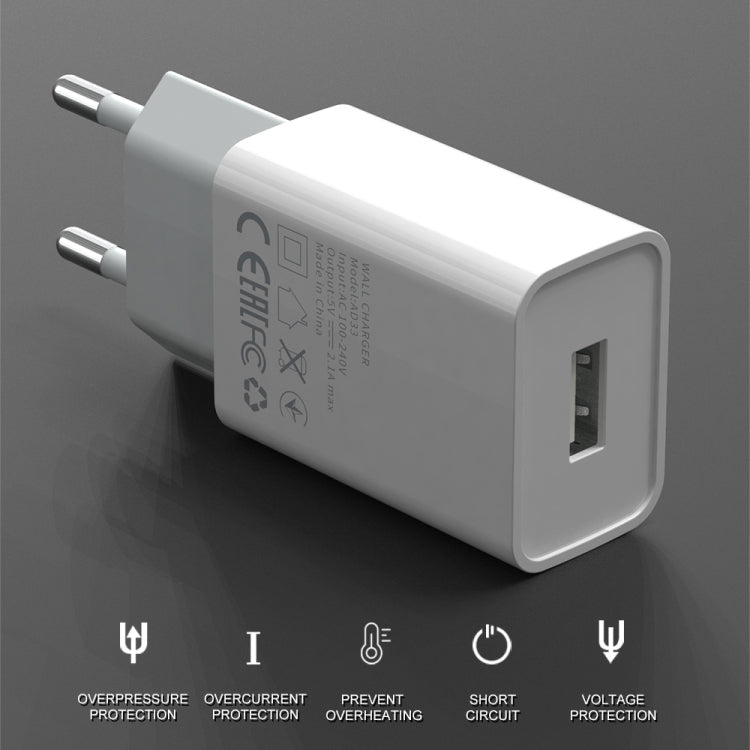 IVON AD-33 2-in-1 2.1A Ein-USB-Port-Reiseladegerät + 1m USB auf USB-C / Type-C Datenkabel Set, EU Stecker, US Stecker