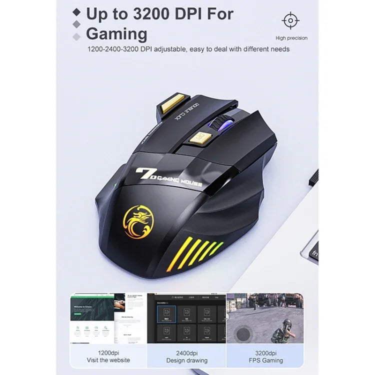 iMICE GW-X7 2.4G + Bluetooth Dual Mode kabellose Gaming-Maus mit 7 Tasten, geräuschlos, wiederaufladbar, mit farbigen RGB-Lichtern, GW-X7 2.4G + Bluetooth