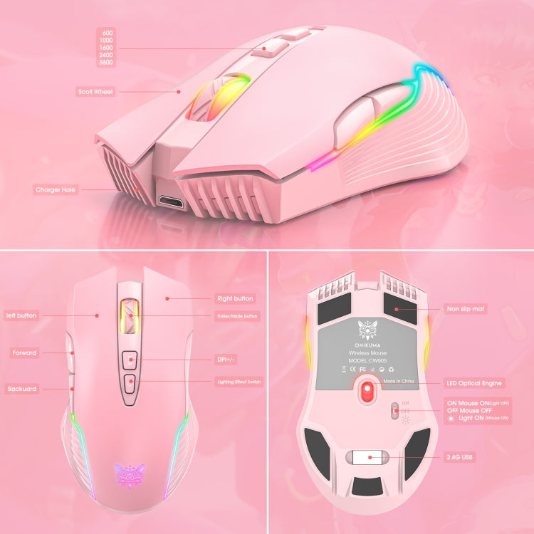 ONIKUMA CW905 2.4G RGB Lighting Kabellose Maus, CW905 Kabellose Maus (Schwarz), CW905 Kabellose Maus (Rosa), CW905 Kabellose Maus (Grau-Weiß)