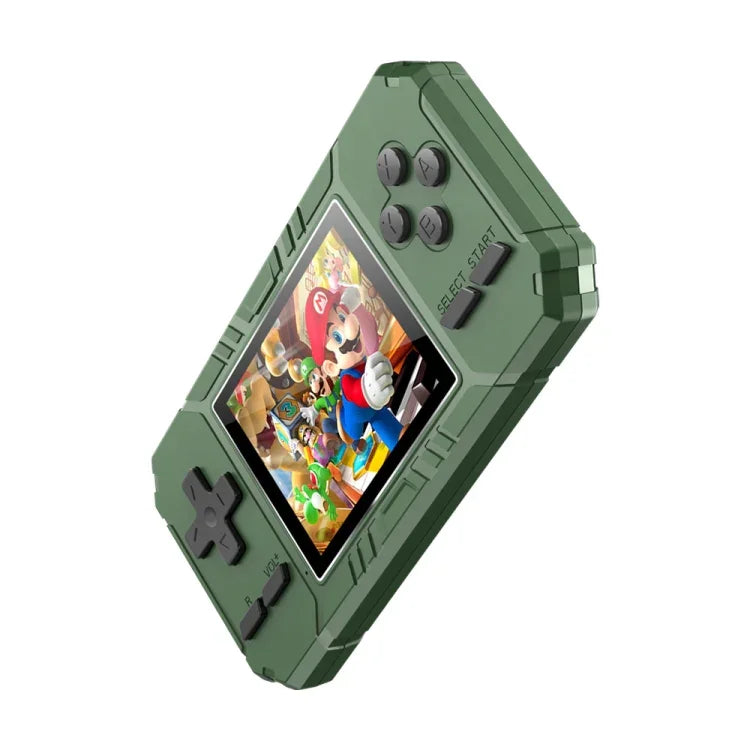 S8 Klassische Handheld-Spielkonsole mit 3,0-Zoll-Bildschirm und 520 vorinstallierten Spielen, erhältlich in den Farben Armeegrün, Schwarz und Blau.
