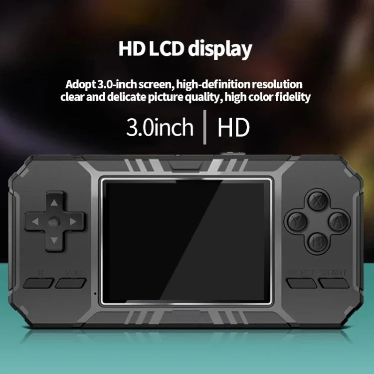 S8 Klassische Handheld-Spielkonsole mit 3,0-Zoll-Bildschirm und 520 vorinstallierten Spielen, erhältlich in den Farben Armeegrün, Schwarz und Blau.