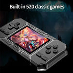 S8 Klassische Handheld-Spielkonsole mit 3,0-Zoll-Bildschirm und 520 vorinstallierten Spielen, erhältlich in den Farben Armeegrün, Schwarz und Blau.