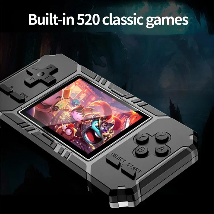 S8 Klassische Handheld-Spielkonsole mit 3,0-Zoll-Bildschirm und 520 vorinstallierten Spielen, erhältlich in den Farben Armeegrün, Schwarz und Blau.