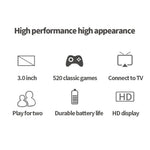 S8 Klassische Handheld-Spielkonsole mit 3,0-Zoll-Bildschirm und 520 vorinstallierten Spielen, erhältlich in den Farben Armeegrün, Schwarz und Blau.