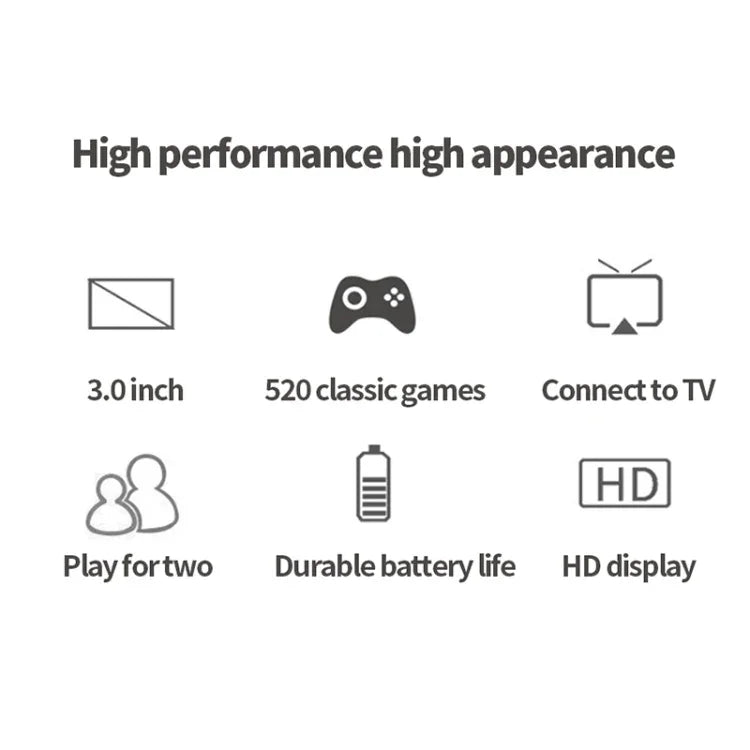S8 Klassische Handheld-Spielkonsole mit 3,0-Zoll-Bildschirm und 520 vorinstallierten Spielen, erhältlich in den Farben Armeegrün, Schwarz und Blau.