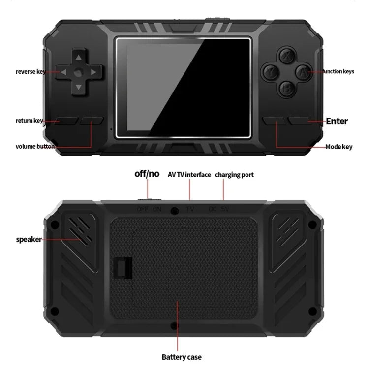 S8 Klassische Handheld-Spielkonsole mit 3,0-Zoll-Bildschirm und 520 vorinstallierten Spielen, erhältlich in den Farben Armeegrün, Schwarz und Blau.