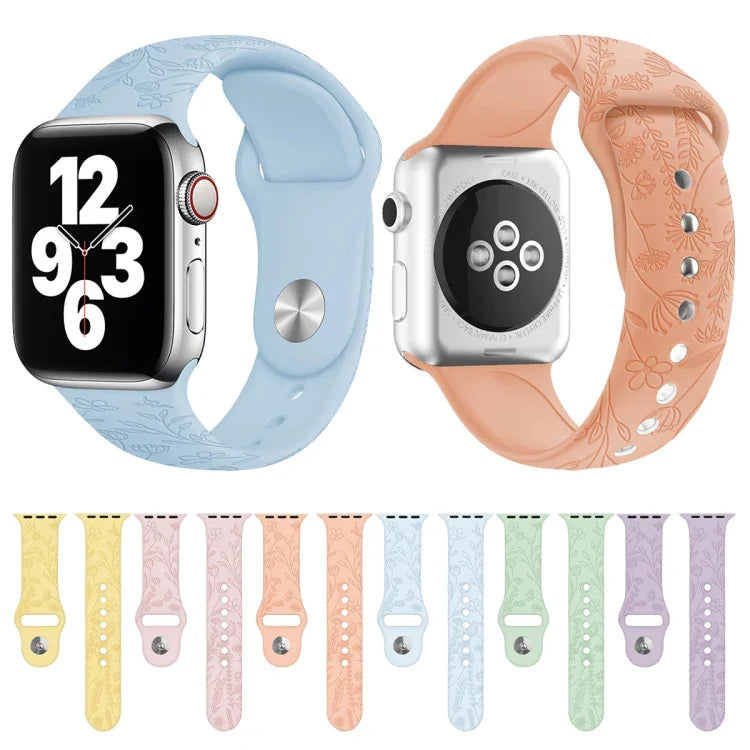 Silikon-Armband mit Schmetterlings- und Blumenprägung für Apple Watch Series 7 (41 mm), 6, SE, 5, 4 (40 mm) und 3, 2, 1 (38 mm)