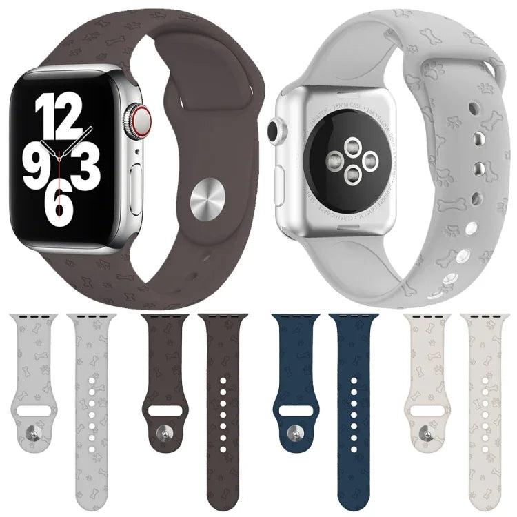 Silikonarmband mit Hundepfoten-Prägung für Apple Watch Series 7 (41 mm), 6, SE, 5, 4 (40 mm), 3, 2, 1 (38 mm) und 7 (45 mm), 6, SE, 5, 4 (44 mm) sowie 3, 2, 1 (42 mm).