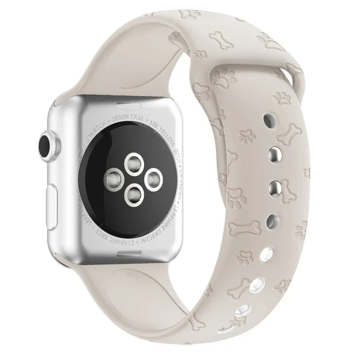 Silikonarmband mit Hundepfoten-Prägung für Apple Watch Series 7 (41 mm), 6, SE, 5, 4 (40 mm), 3, 2, 1 (38 mm) und 7 (45 mm), 6, SE, 5, 4 (44 mm) sowie 3, 2, 1 (42 mm).