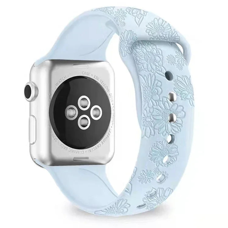 Silikonarmband mit Sonnenblumenprägung für Apple Watch Series 7 (41 mm), 6, SE, 5 und 4 (40 mm), 3, 2 und 1 (38 mm), 7 (45 mm), 6, SE, 5 und 4 (44 mm) sowie 3, 2 und 1 (42 mm)