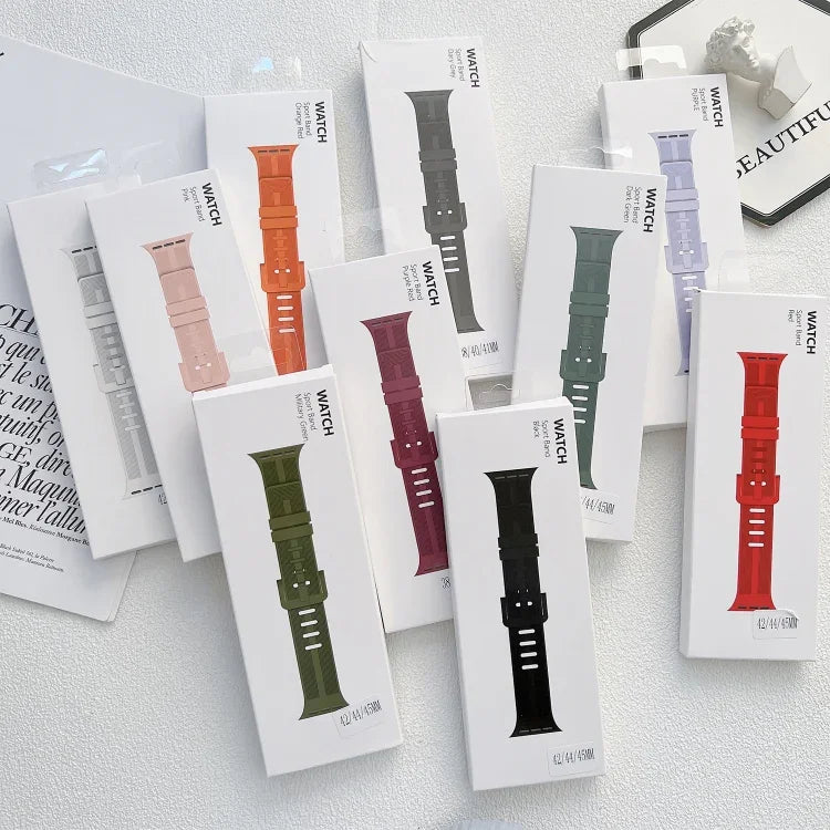 Silikonarmband mit Gewinde für Apple Watch Series 7 (41 mm), 6, SE, 5 und 4 (40 mm), 3, 2 und 1 (38 mm) und 7 (45 mm), 6, SE, 5 und 4 (44 mm) sowie 3, 2 und 1 (42 mm).