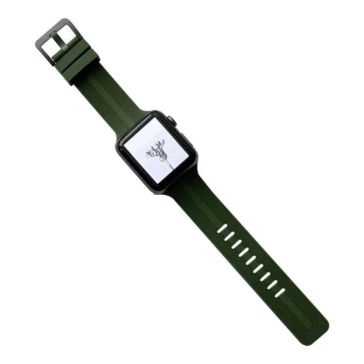 Silikonarmband mit Gewinde für Apple Watch Series 7 (41 mm), 6, SE, 5 und 4 (40 mm), 3, 2 und 1 (38 mm) und 7 (45 mm), 6, SE, 5 und 4 (44 mm) sowie 3, 2 und 1 (42 mm).