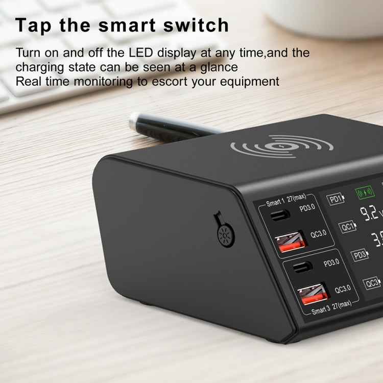 838w 9 in 1 100W 4 PD 3.0 USB-C / Type-C + 4 QC 3.0 USB Anschlüsse Intelligentes Digitaldisplay Drahtlosladegerät, EU Stecker, US Stecker, UK Stecker, AU Stecker