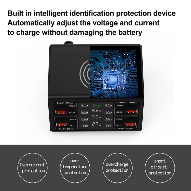 838w 9 in 1 100W 4 PD 3.0 USB-C / Type-C + 4 QC 3.0 USB Anschlüsse Intelligentes Digitaldisplay Drahtlosladegerät, EU Stecker, US Stecker, UK Stecker, AU Stecker